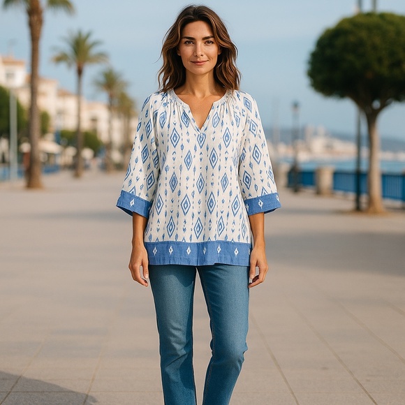 Artizan NY White & Blue Tribal Print Linen Blend 3/4 Sleeve Boho Tunic Size 2X - Picture 4 of 13